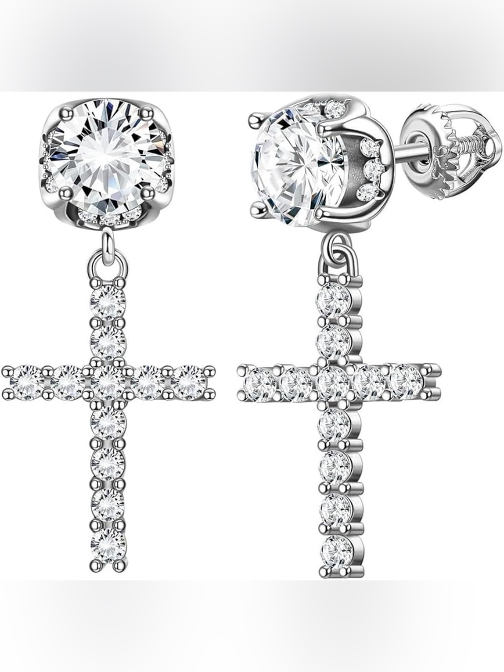 Cross Drop Hanging Sterling Silver CZ Iced Stud Dangle Hoop Earrings